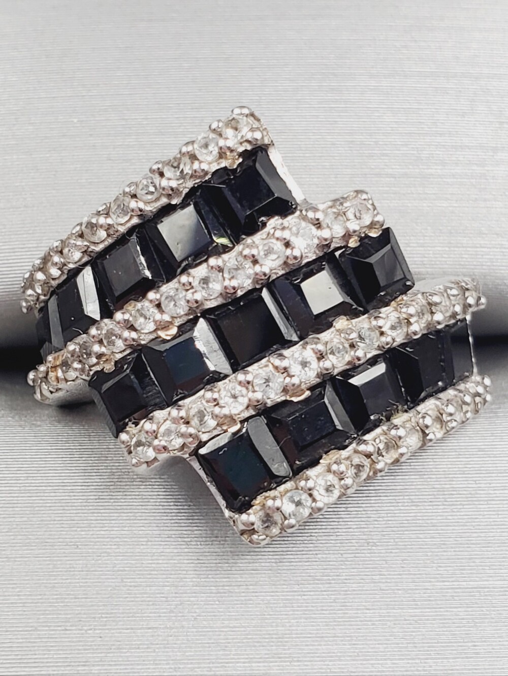 Multi Row Black Tourmaline & White Zircon Statement Ring - 925 Sterling Silver